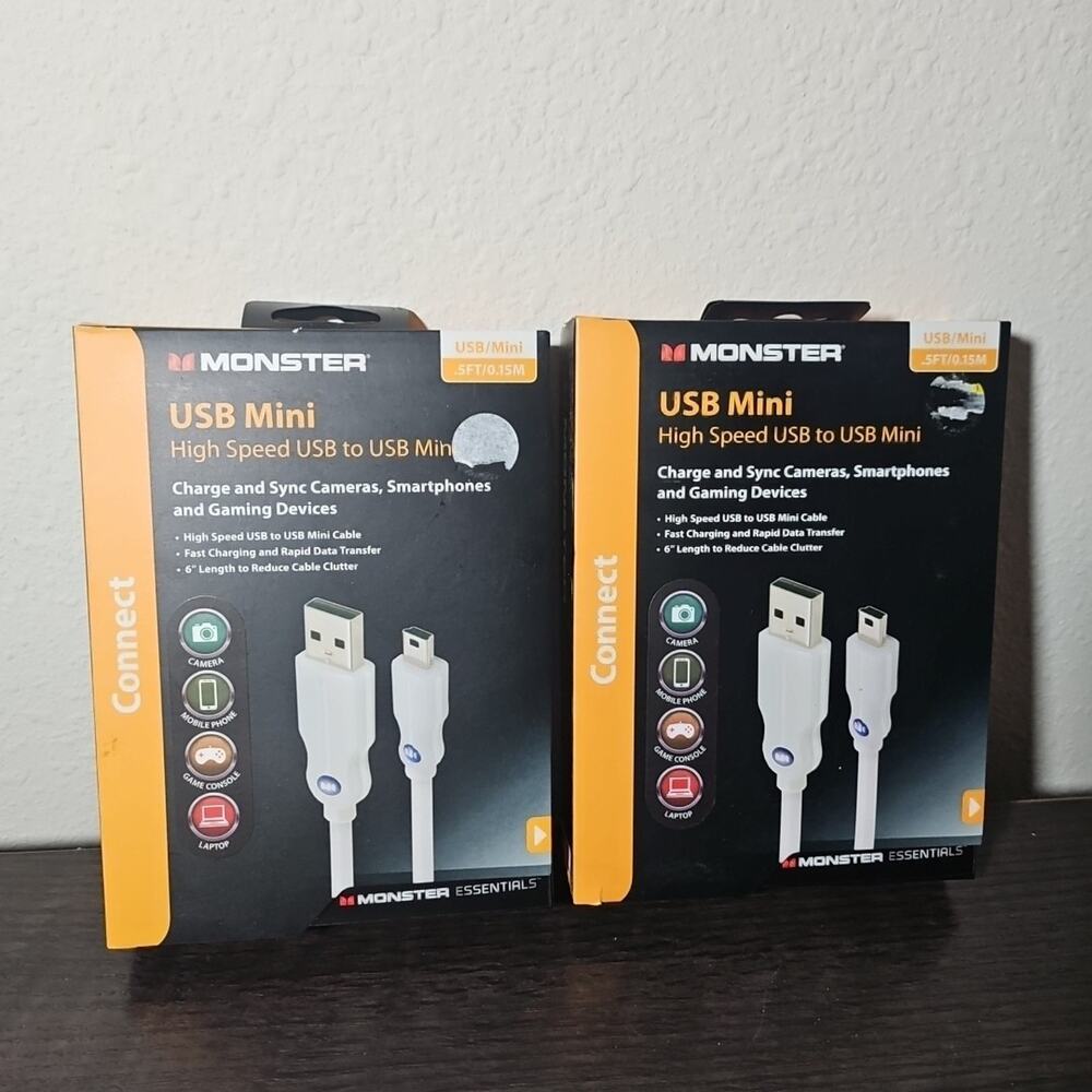 2 Monster USB to USB Mini Cable White Fast Charging 6 inches / .5 Ft